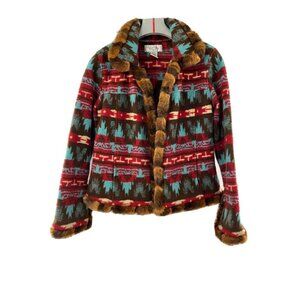 Tasca Polizzi Aztec Womens Faux Fur Trimmed Jacket Size 8 Tribal Print